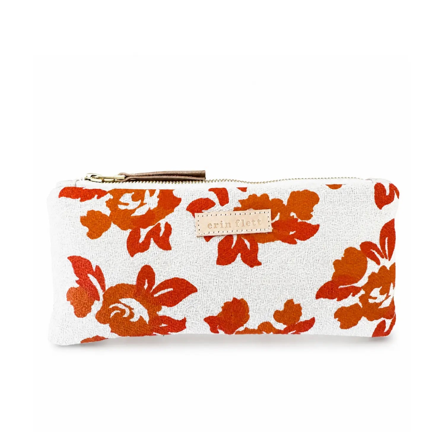 Cotton barkcloth pencil bag in orange floral by Erin Flett on a white background