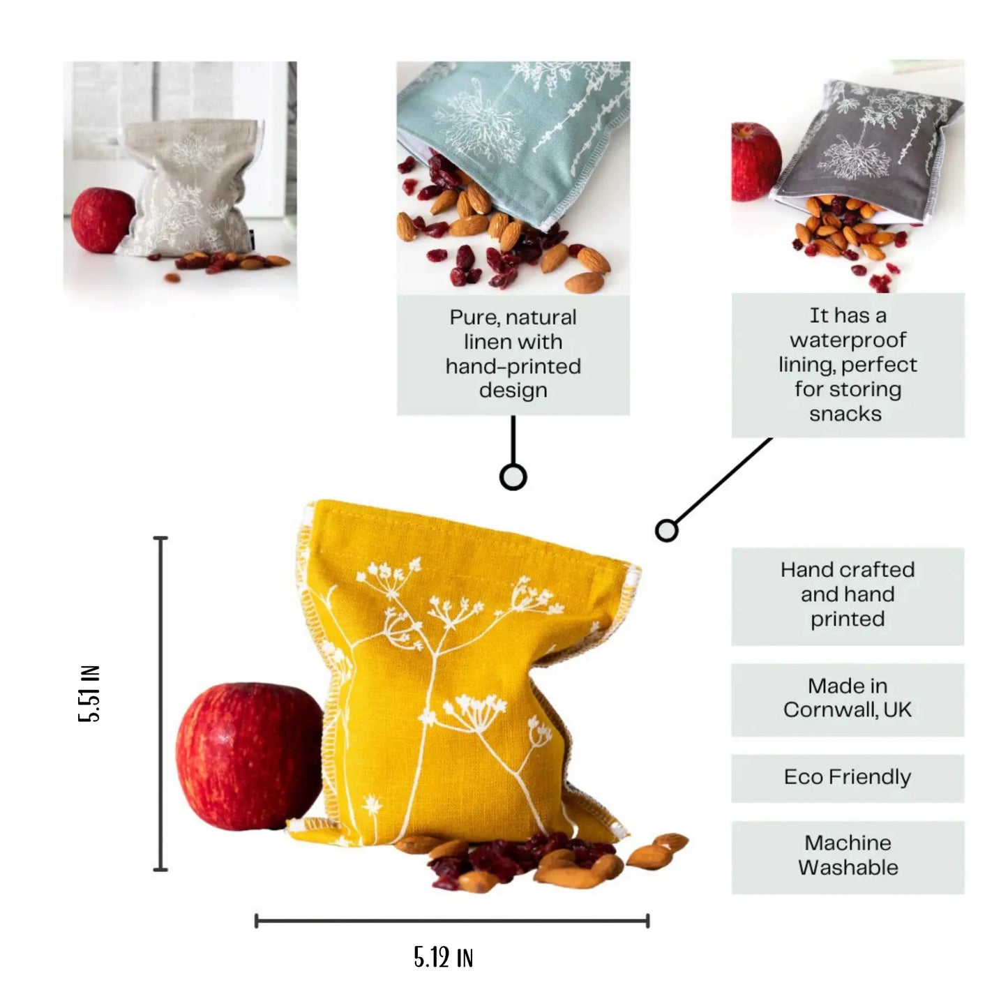 Yellow fabric bag with white floral design, filled with snacks, on a white background.