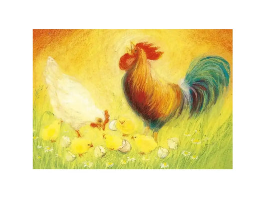 Painting of a rooster with chickens on a yellow background