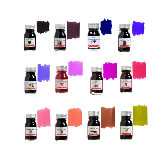herbin fountain pen ink 10 ml bottles in multiple colors with ink swatches