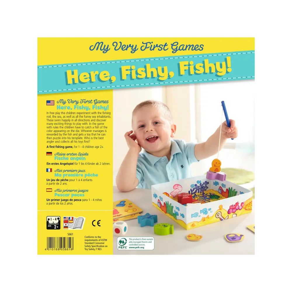 Back of Here Fishy Fishy game box showing gameplay and included pieces