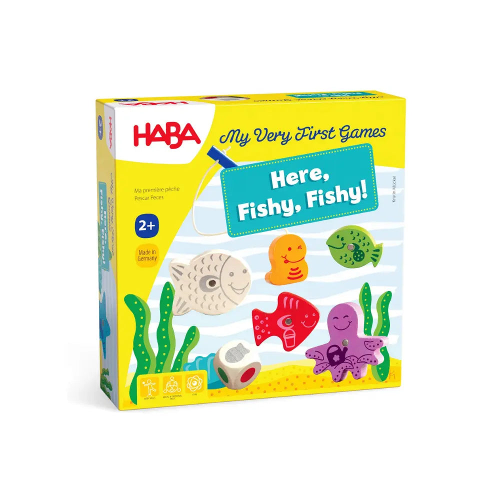 Front of Here Fishy Fishy magnetic fishing game box by HABA for toddlers