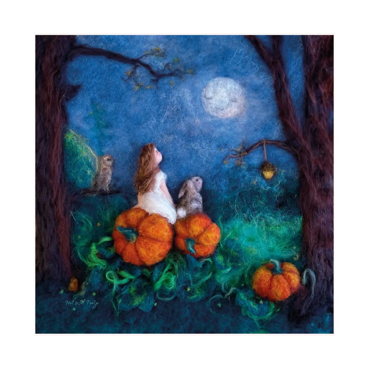 Toverlux Mother Moon Silhouette by Het Wol Feetje featuring a child and woodland companions resting among pumpkins beneath a full moon.