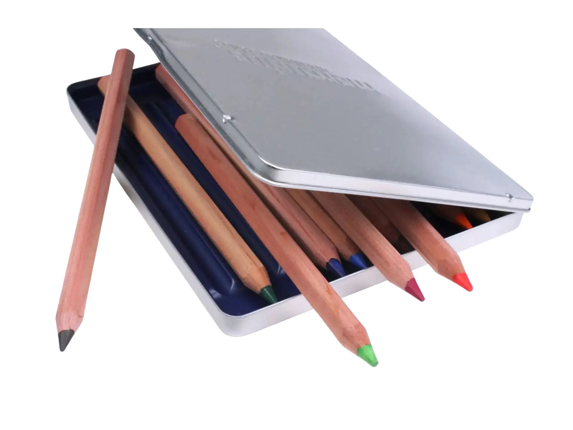 Set of colored pencils in a metal case on a white background