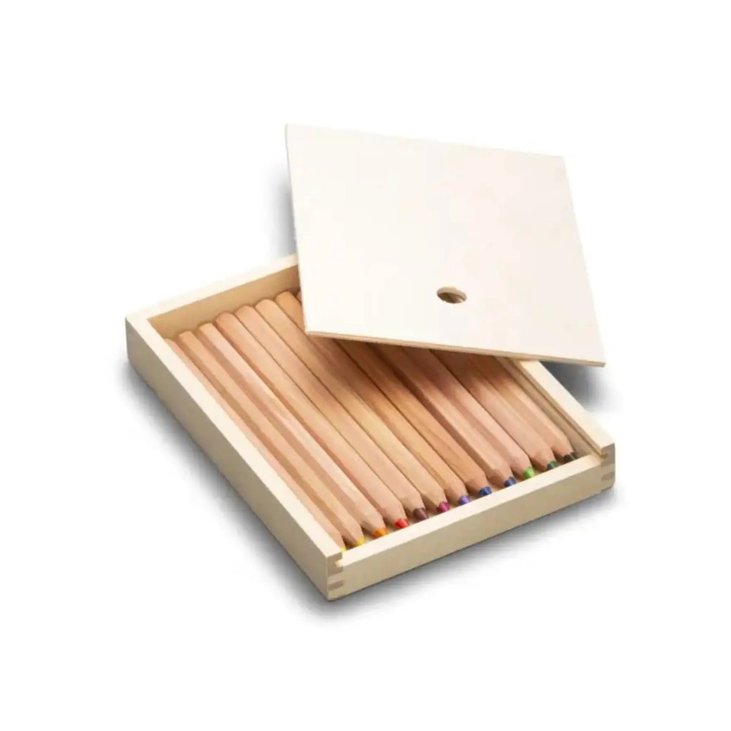 Set of yorik hexagonal colored pencils in a wooden box on a white background