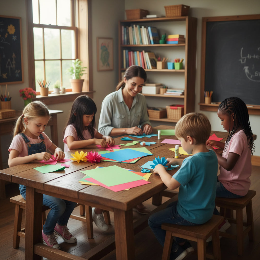 a teacher and four children making paper crafts at a wooden table in a classroom