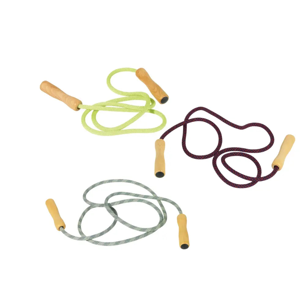 Three jump ropes in different colors with wooden handles