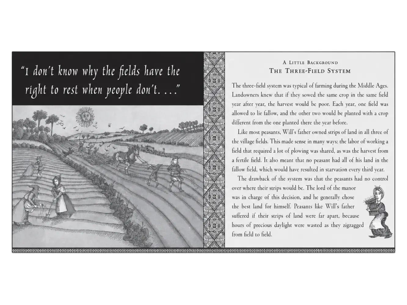 Illustration of a three-field system in farming with text on the right.