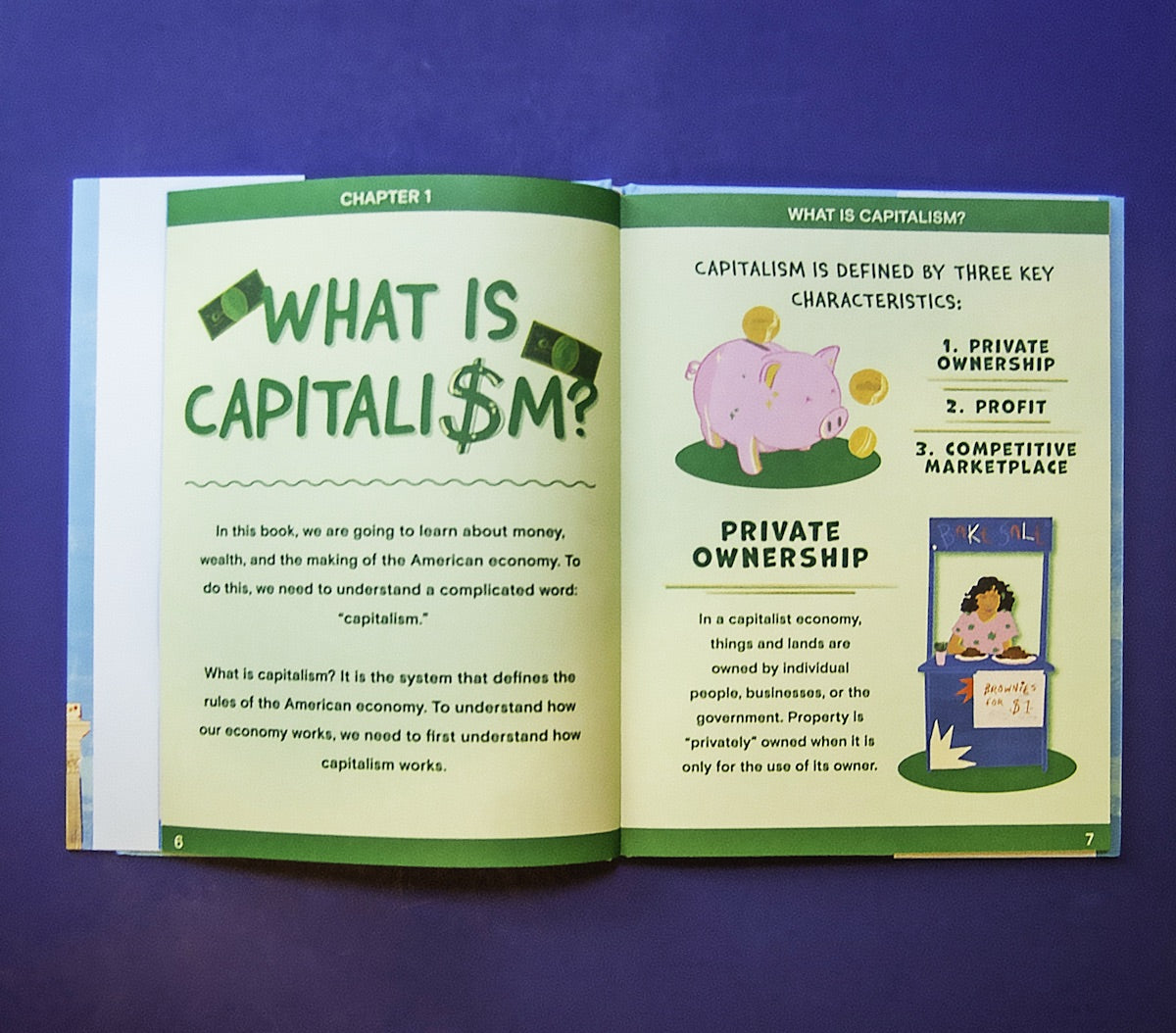 Interior pages of children’s book explaining capitalism with illustrations of money, piggy bank, and key concepts
