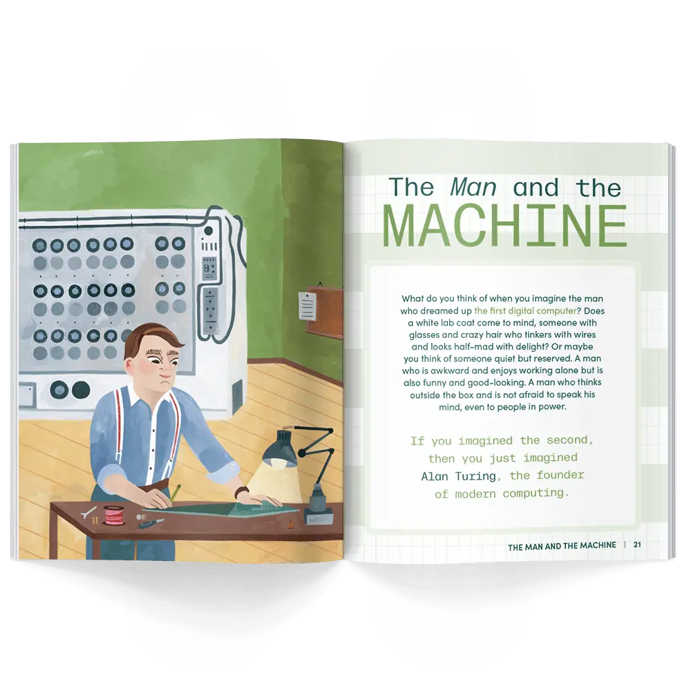 Interior pages of children’s history magazine featuring Alan Turing in his lab with information about early computing and machine intelligence