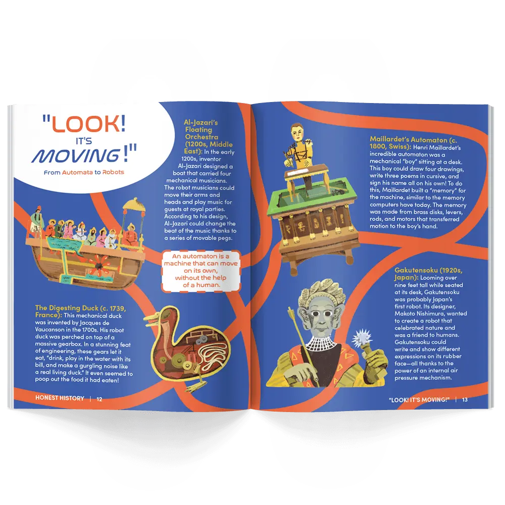 Children’s history magazine pages showing timeline of automata and early robots including historical machines and inventions with illustrations