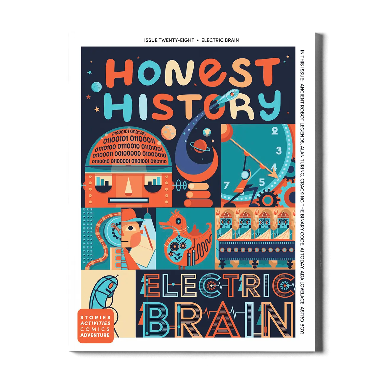 Children’s history magazine cover showing robots, coding, gears, and space themes for learning about technology and artificial intelligence