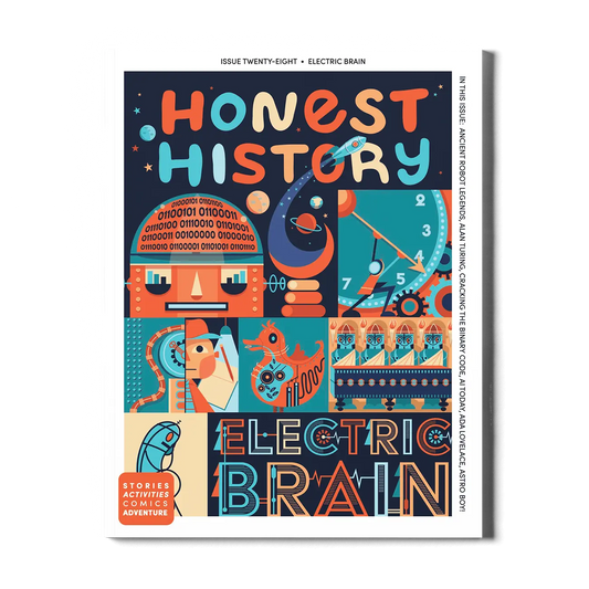 Children’s history magazine cover showing robots, coding, gears, and space themes for learning about technology and artificial intelligence