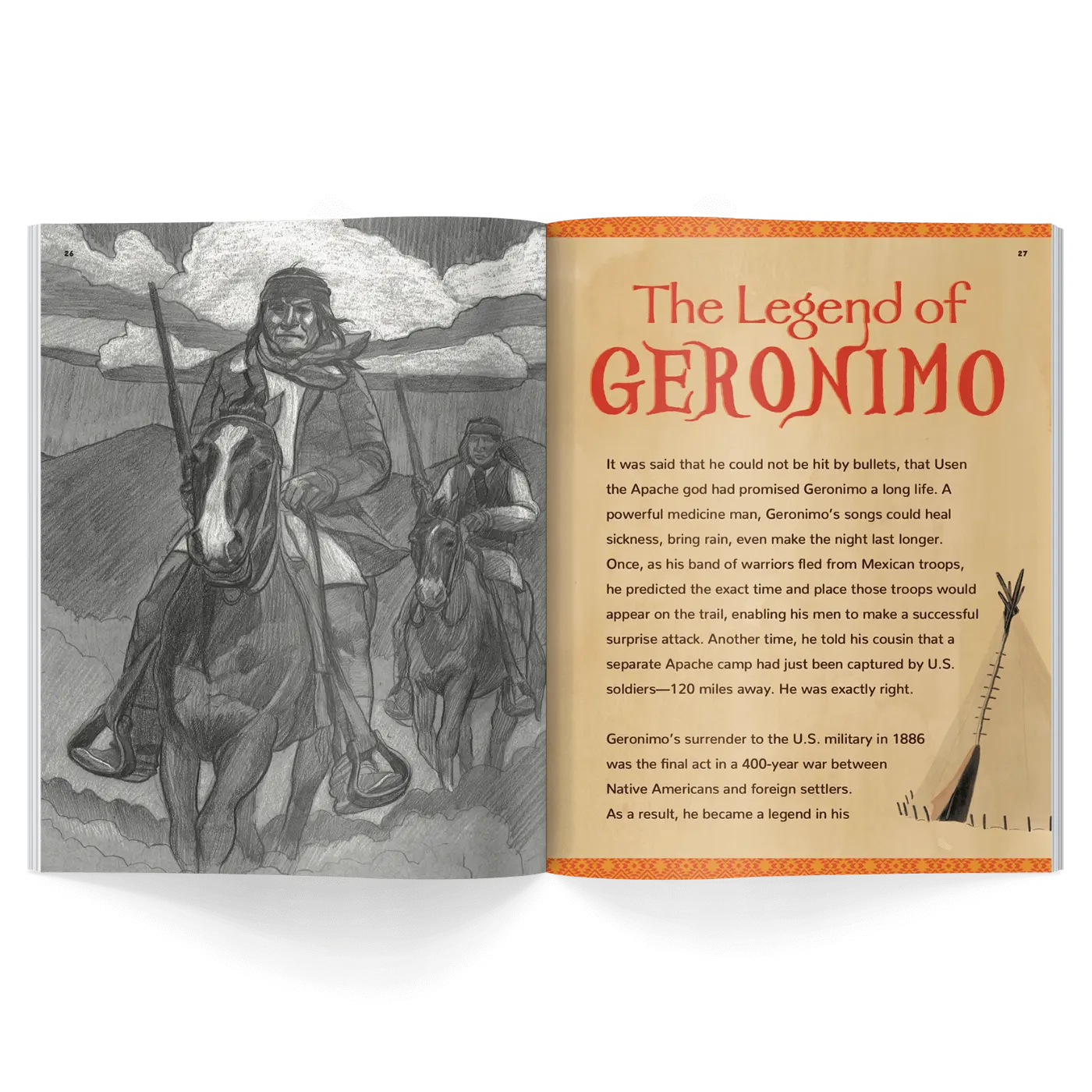 Interior pages of children’s history magazine featuring Geronimo on horseback with historical information about his life and legacy