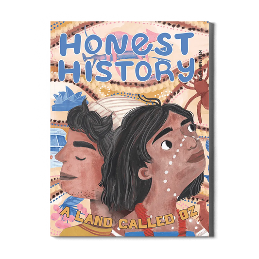 Children’s history magazine cover showing Aboriginal figures with Australian animals, landscape, and cultural elements including the Sydney Opera House