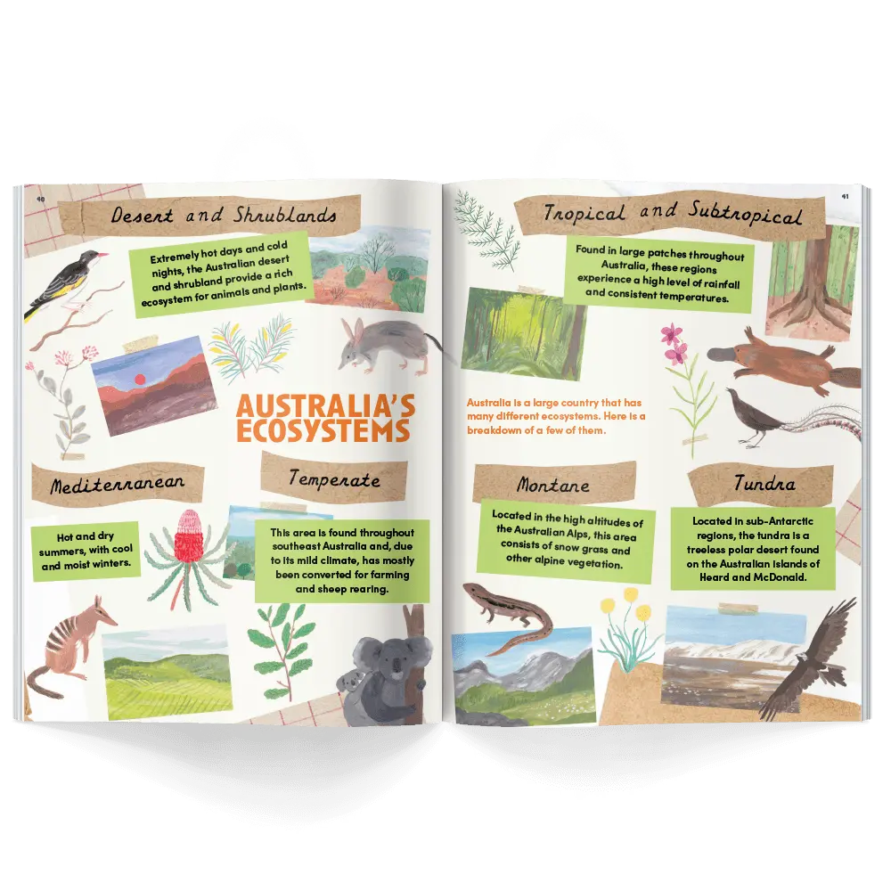 Children’s history magazine pages showing Australian ecosystems including desert, tropical, and temperate environments with illustrations