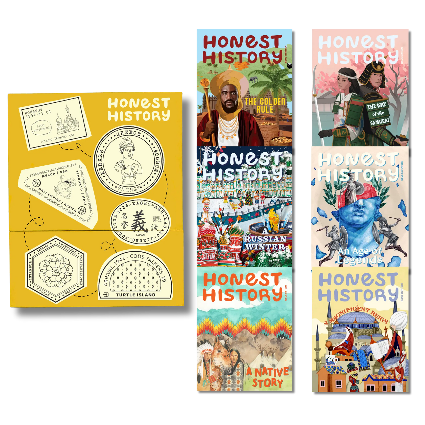 Children’s history magazine bundle showing issues 13 to 18 with storage box and magazines displayed together