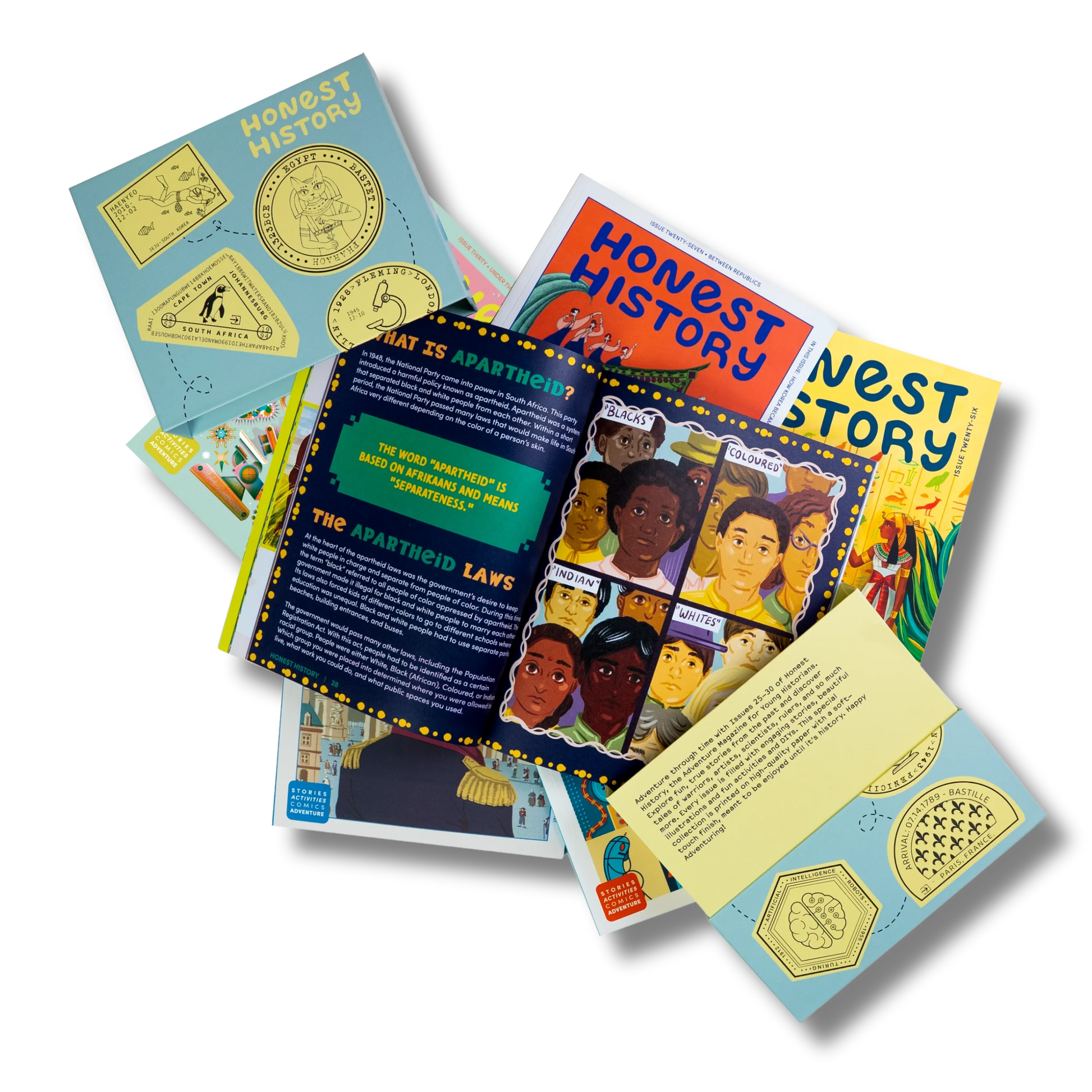 Children’s history magazine bundle showing issues 25 to 30 with storage box and magazines displayed together