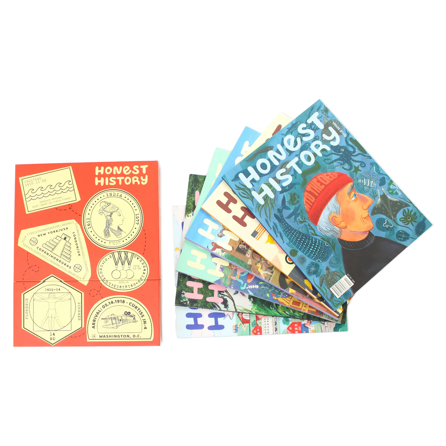 Children’s history magazine bundle showing issues 7 to 12 with storage box and magazines displayed together