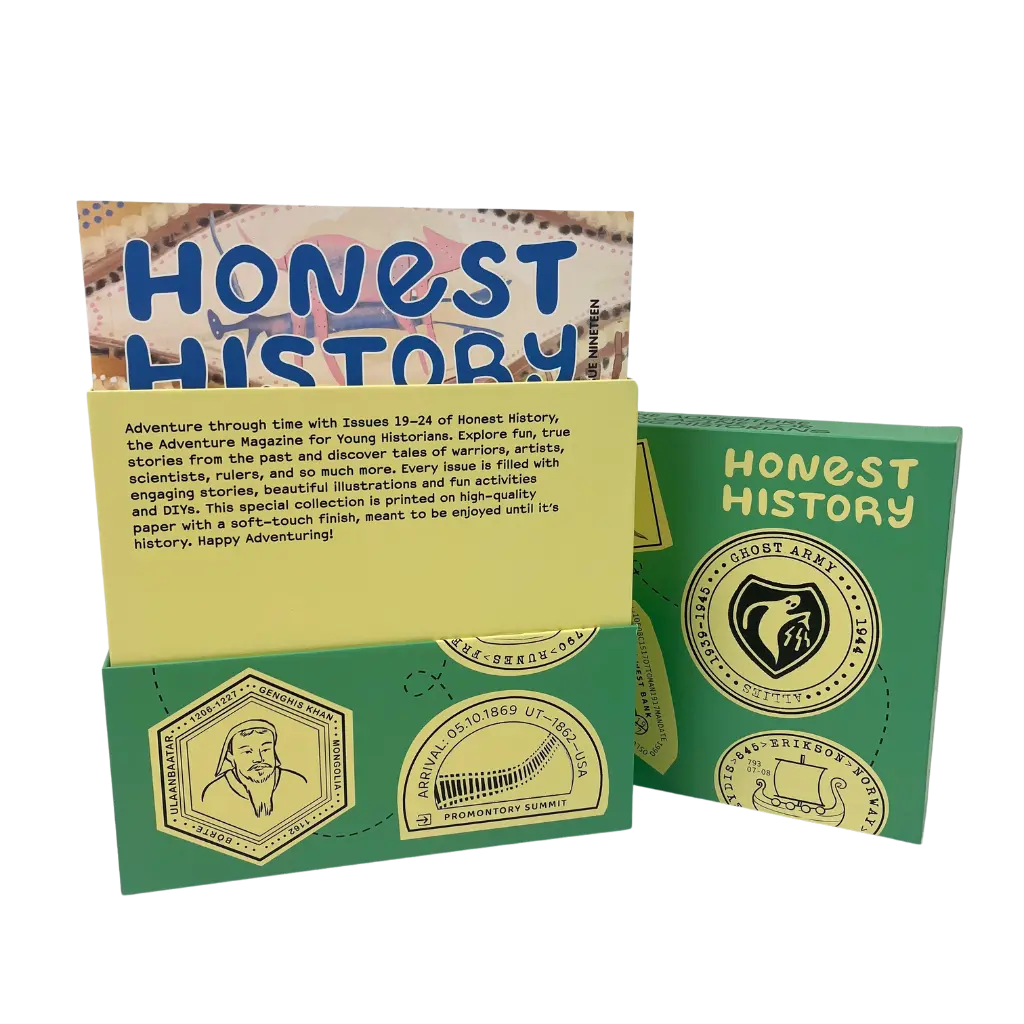 Open Honest History magazine bundle box with magazines visible inside showing collection contents