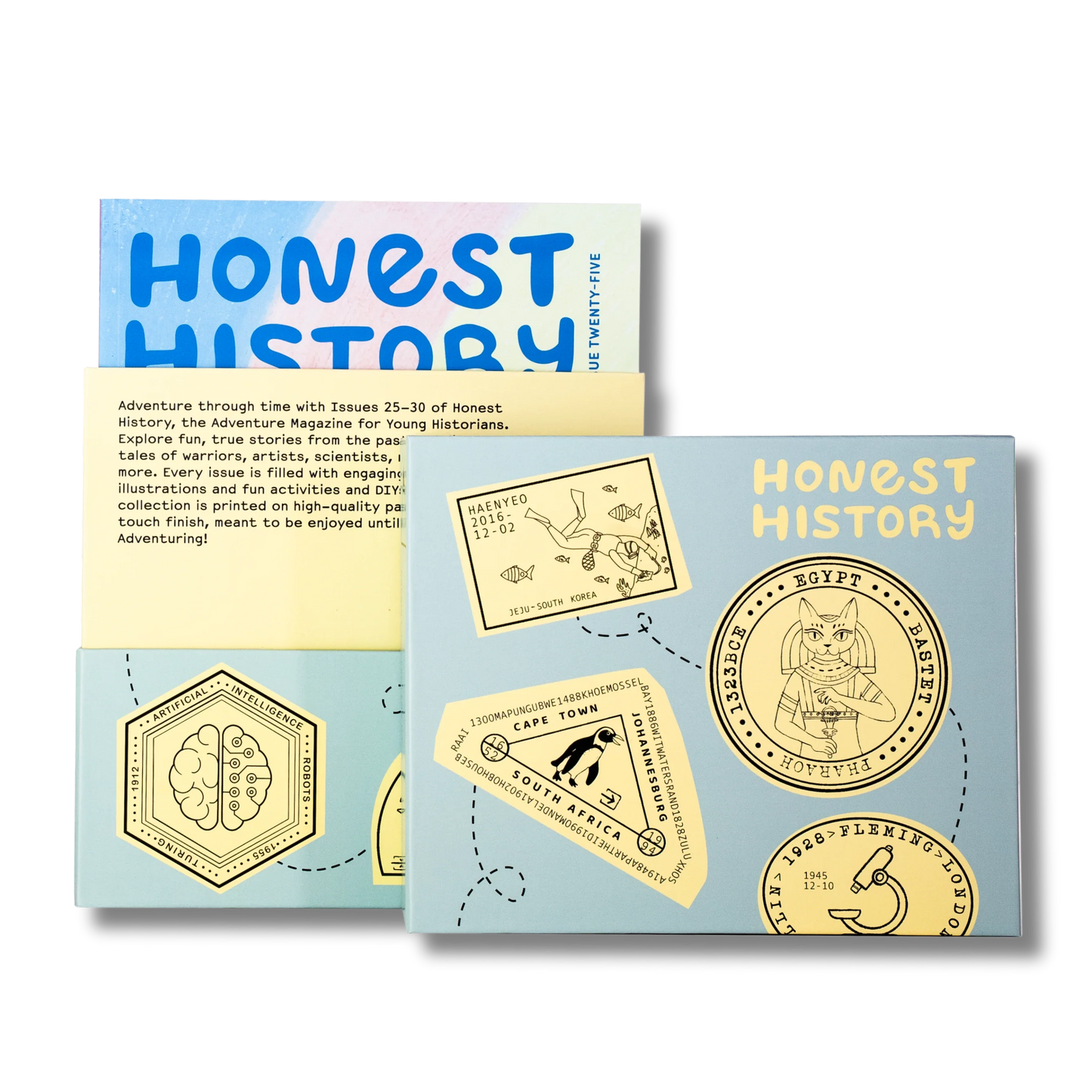 Open Honest History magazine bundle box with magazines visible inside showing collection contents