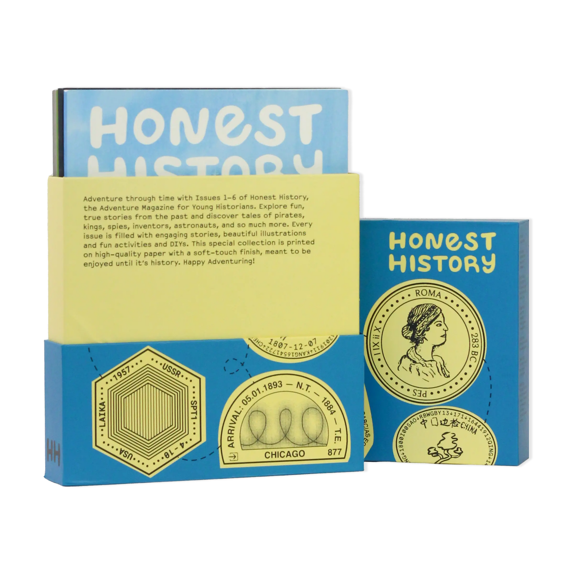 Honest History magazine bundle packaging showing box set with description of issues 1 to 6 and adventure theme