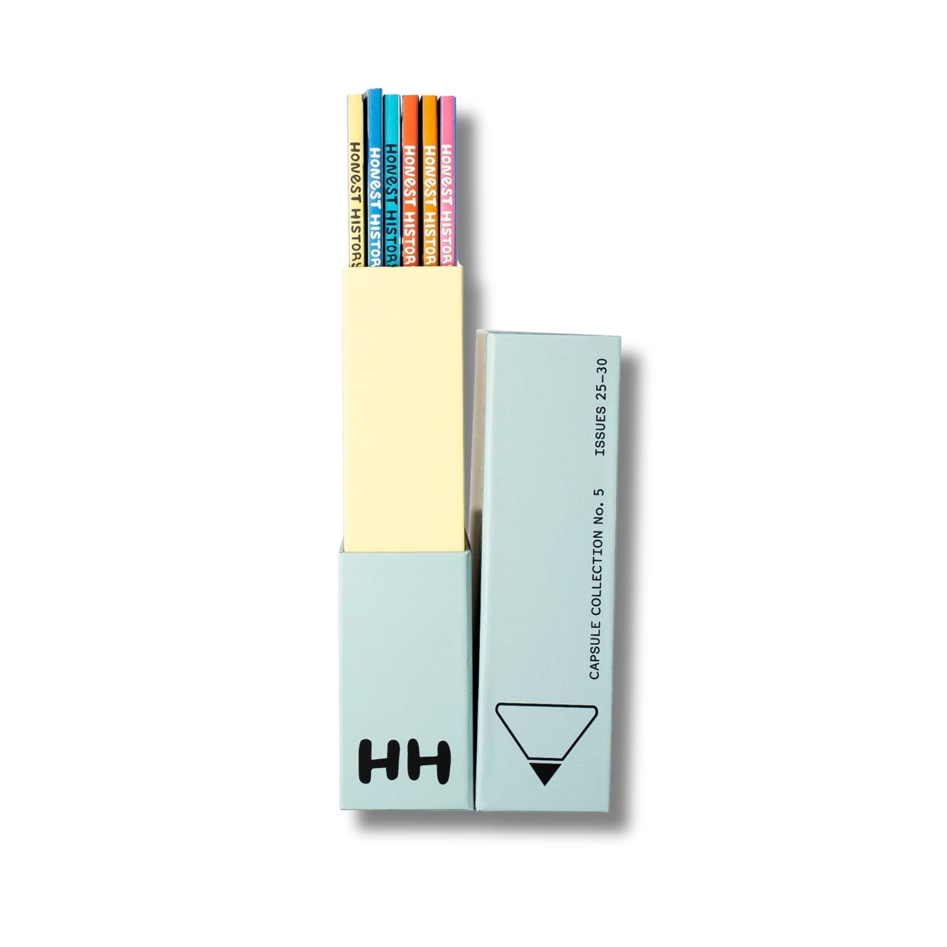 Side view of Honest History magazine bundle box with magazines arranged inside and visible from the top
