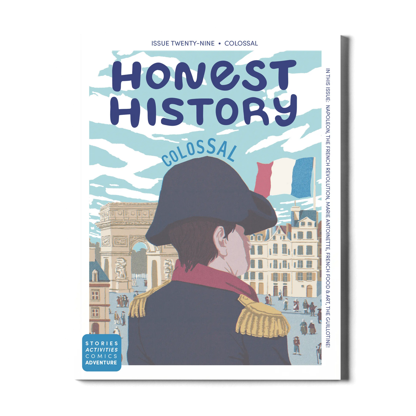 French Revolution history magazine cover featuring Napoleon, French flag, and Arc de Triomphe for children’s history learning