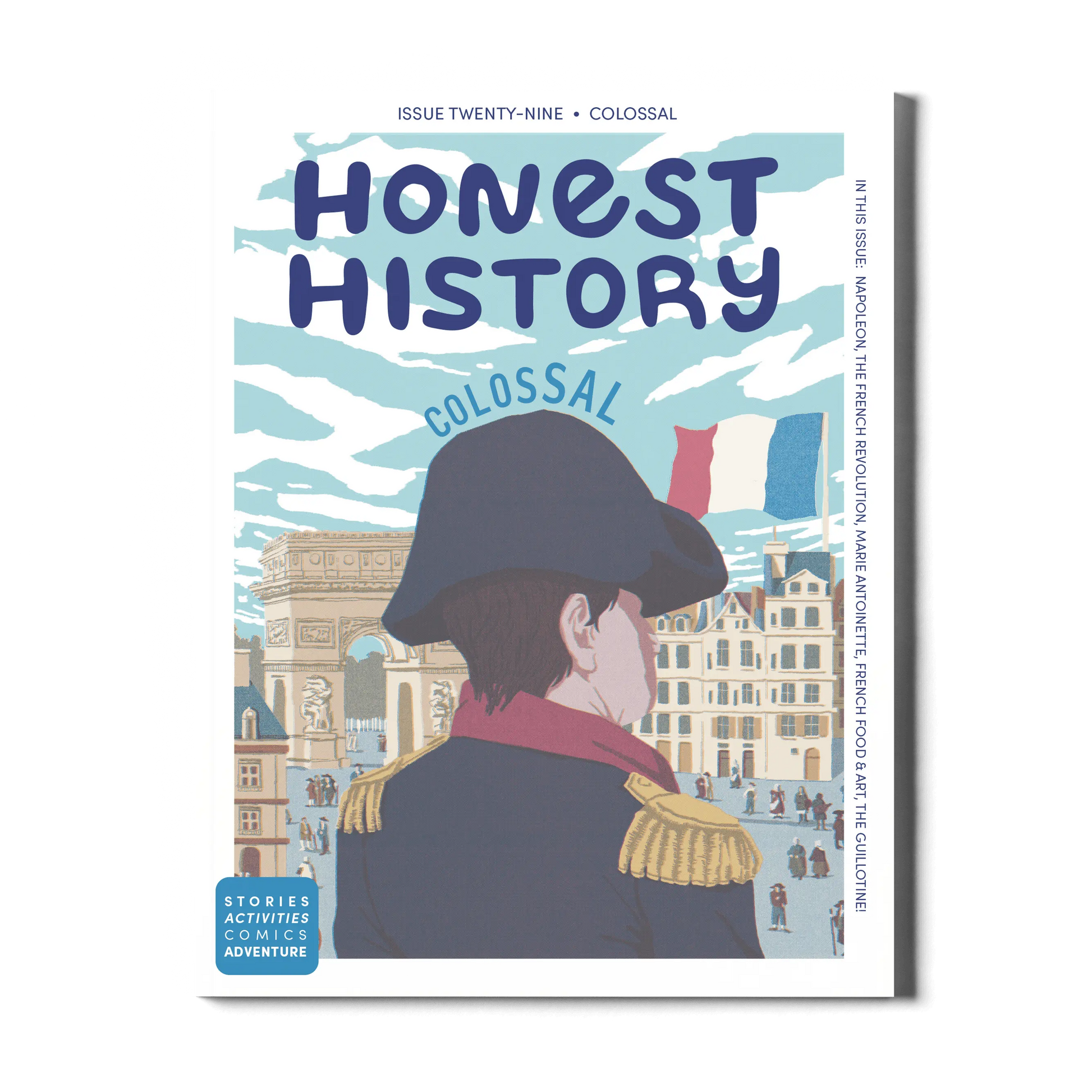 French Revolution history magazine cover featuring Napoleon, French flag, and Arc de Triomphe for children’s history learning
