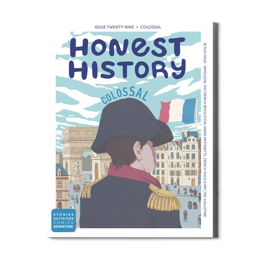 French Revolution history magazine cover featuring Napoleon, French flag, and Arc de Triomphe for children’s history learning