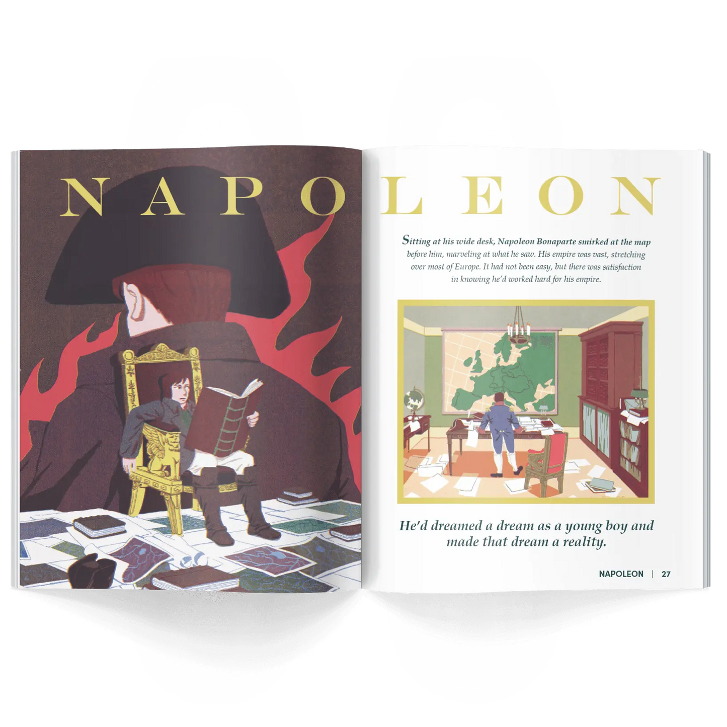 Interior pages of children’s history magazine showing Napoleon reading books and studying maps during the French Revolution