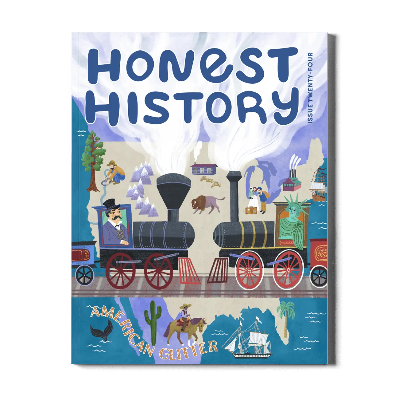 Children’s history magazine cover showing Gilded Age America with trains, westward expansion, gold mining, and immigration themes