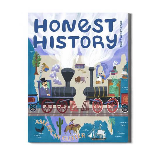 Children’s history magazine cover showing Gilded Age America with trains, westward expansion, gold mining, and immigration themes