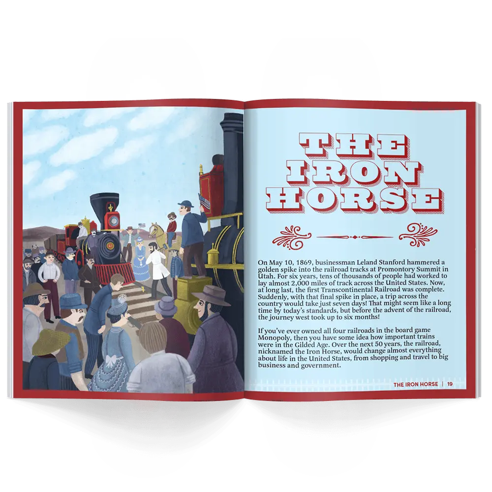 Interior pages of children’s history magazine showing 19th century railroads and trains with people during the era of expansion in America