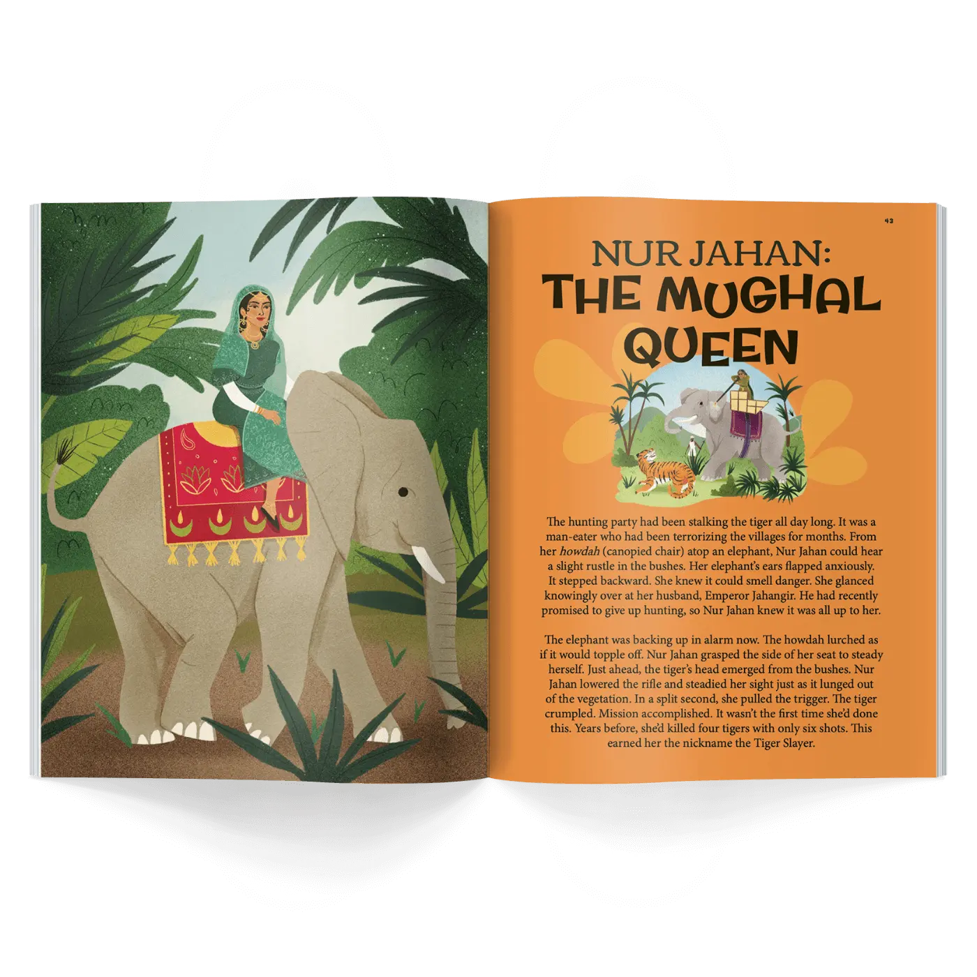 Interior pages of children’s history magazine featuring Nur Jahan with elephant and historical context from Mughal India