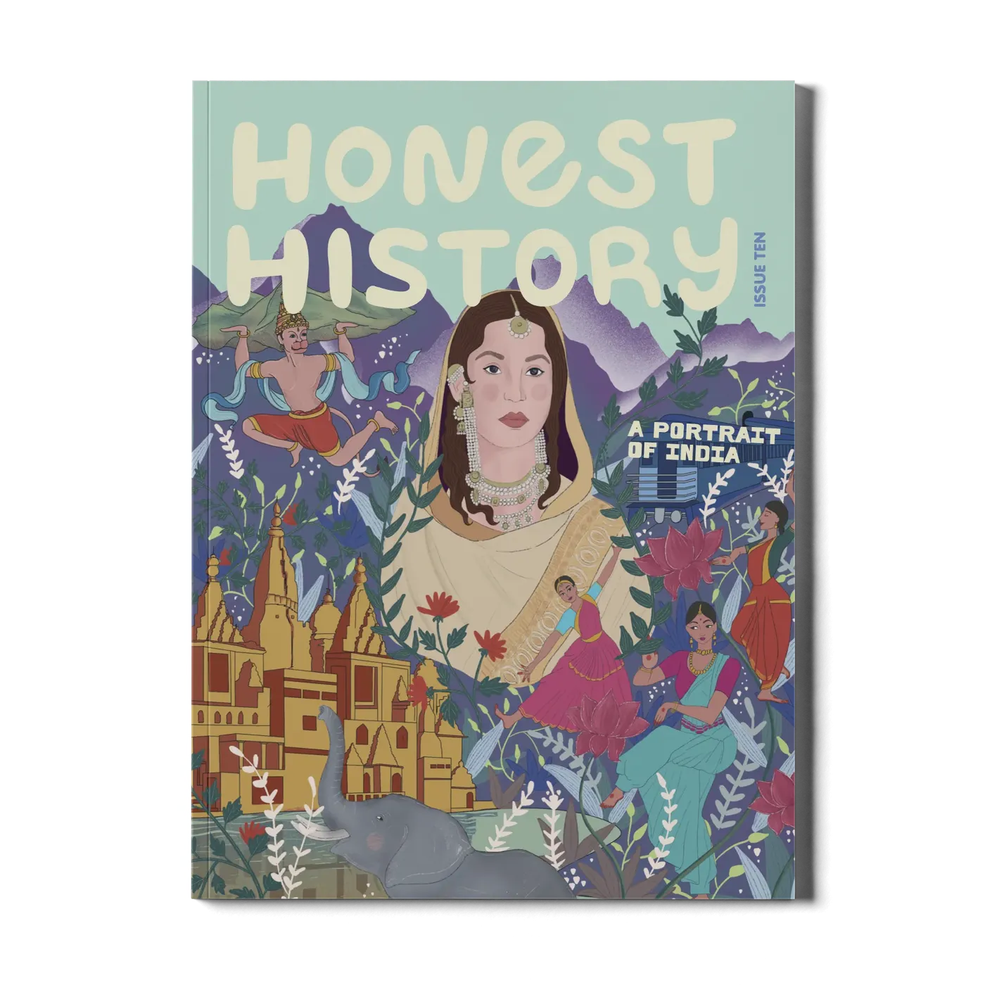 Children’s history magazine cover showing elephant, traditional clothing, cultural illustration, and mountain landscape representing India