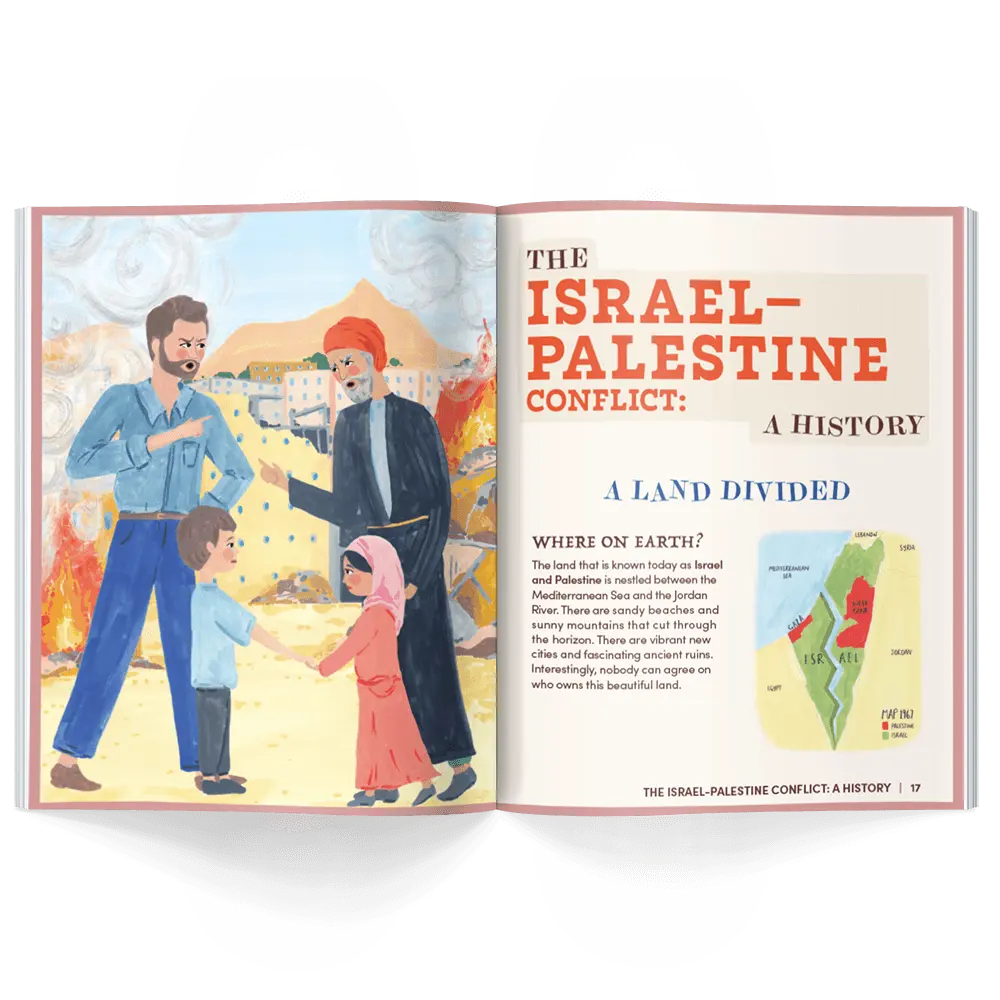 Children’s history magazine pages showing map of Israel and Palestine and illustrated scene of two figures in conflict while children interact peacefully