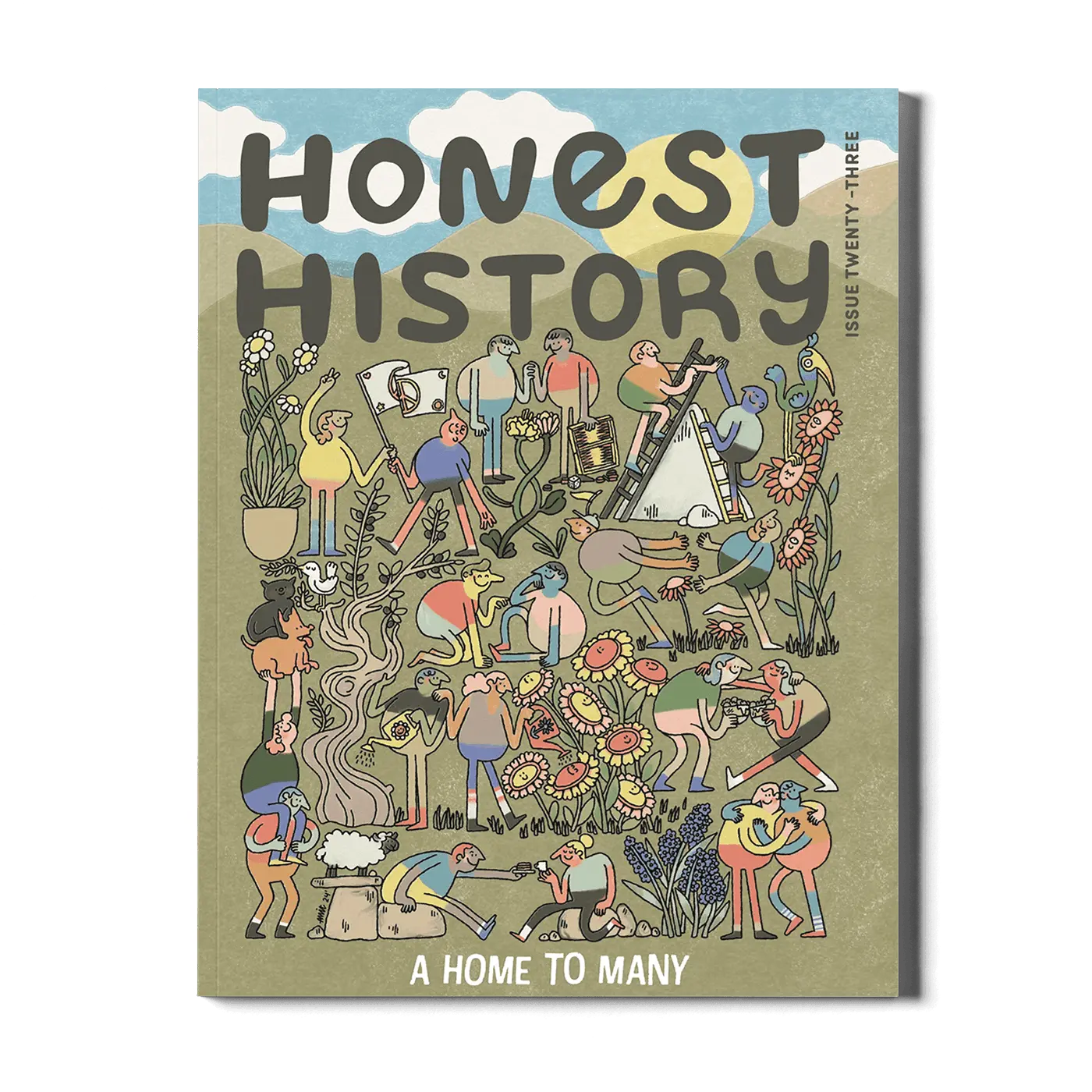 Children’s history magazine cover showing people interacting with flags, shared activities, and desert landscape representing Israel and Palestine