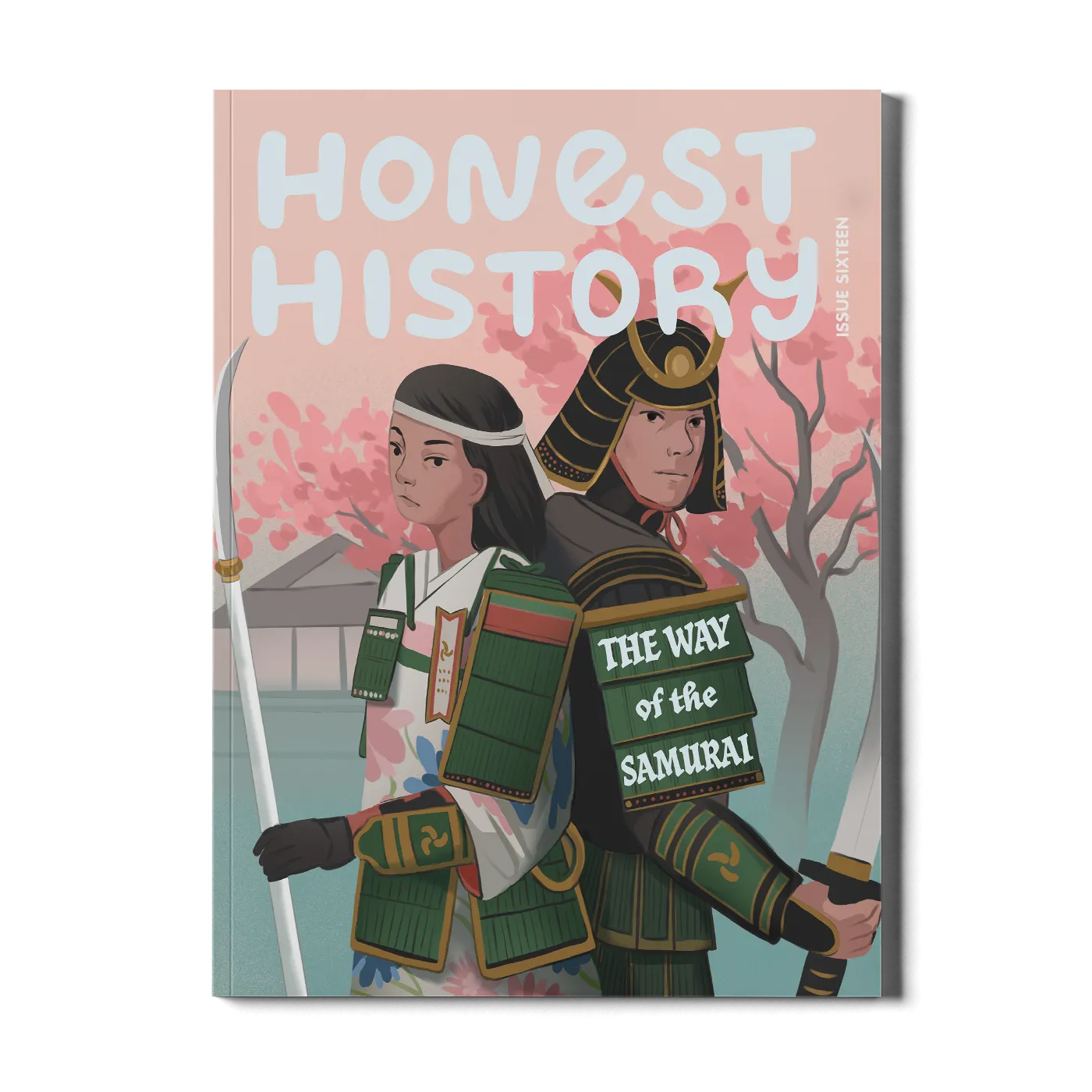 Children’s history magazine cover showing samurai figures in traditional clothing with sword and spear in a natural setting