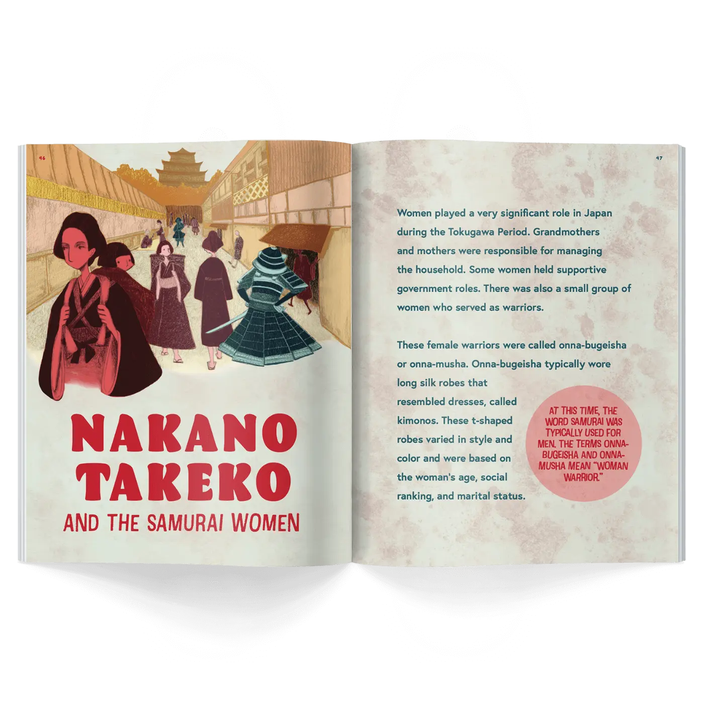 Interior pages of children’s history magazine showing women samurai and information about Nakano Takeko and onna-bugeisha in Japan