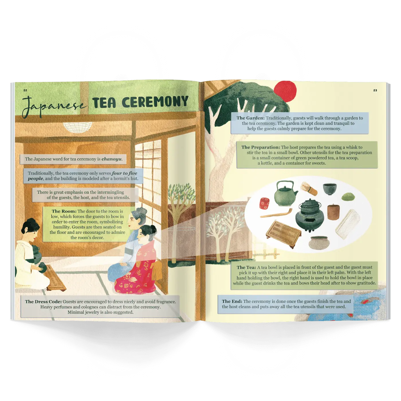 Children’s history magazine pages showing Japanese tea ceremony with indoor setting, garden scene, and cultural practices