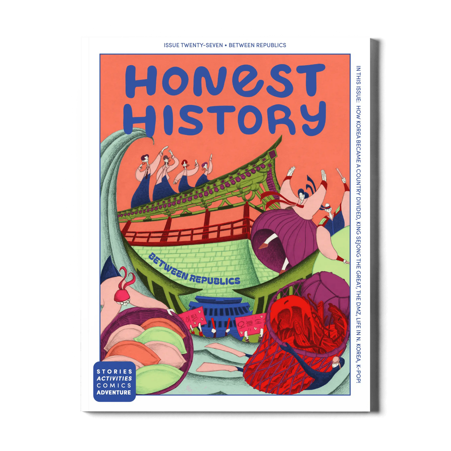 Children’s history magazine cover showing Korean culture with architecture, dancers, artist, and modern city scene for learning about Korea