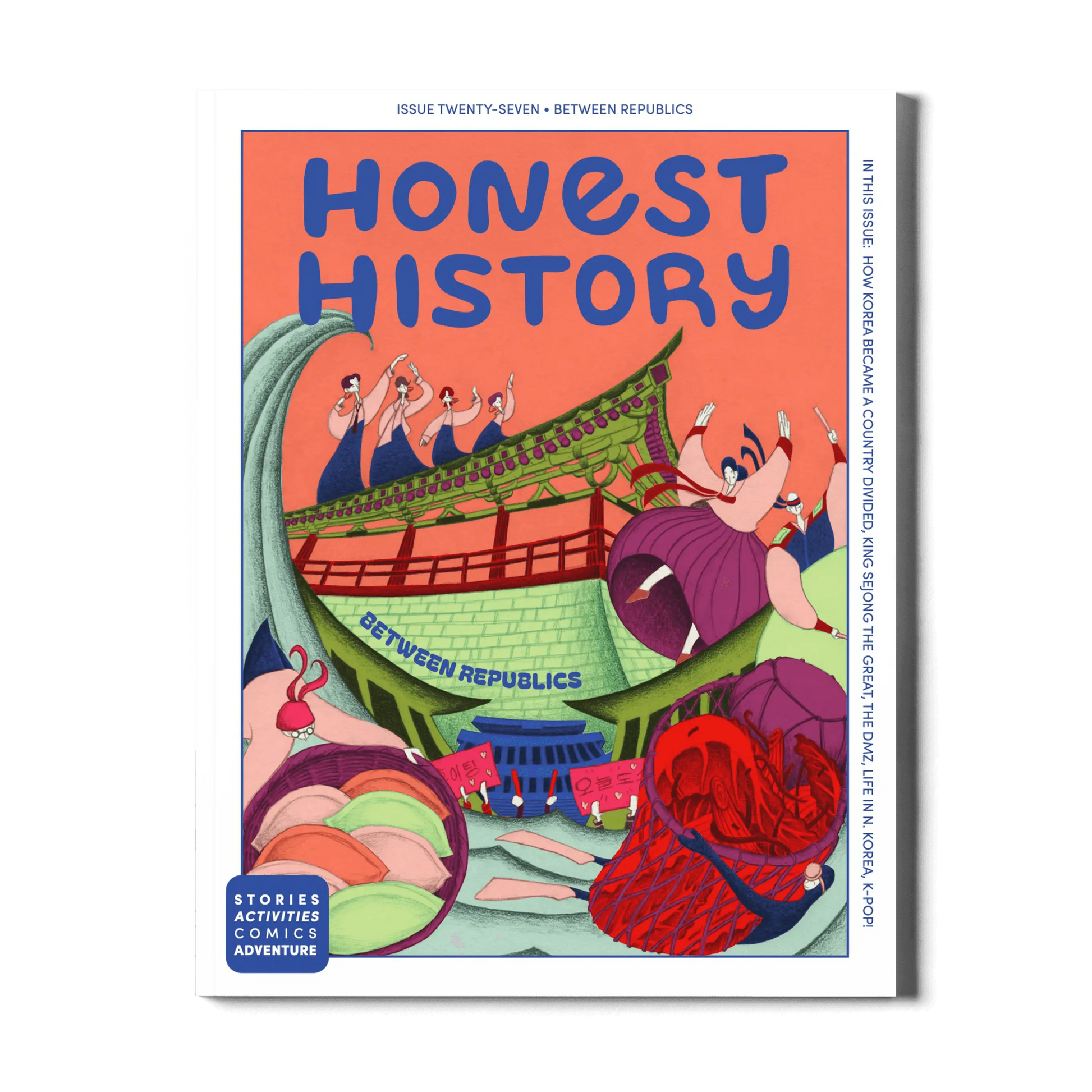Children’s history magazine cover showing Korean culture with architecture, dancers, artist, and modern city scene for learning about Korea