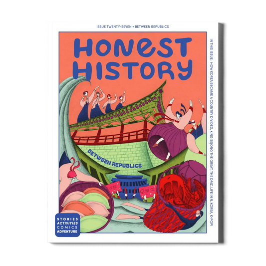 Children’s history magazine cover showing Korean culture with architecture, dancers, artist, and modern city scene for learning about Korea