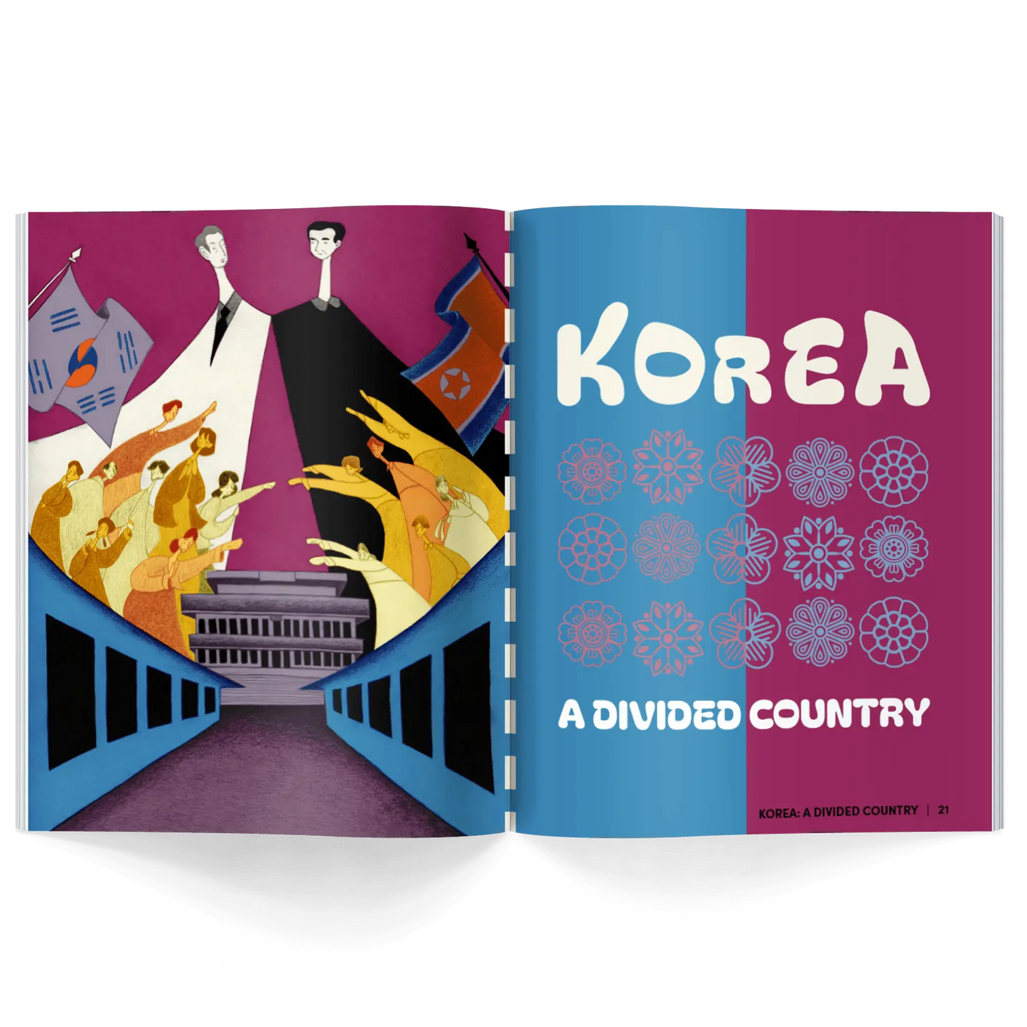 Interior pages of children’s history magazine showing divided Korea with wall, flags, and people reaching across representing the Korean peninsula