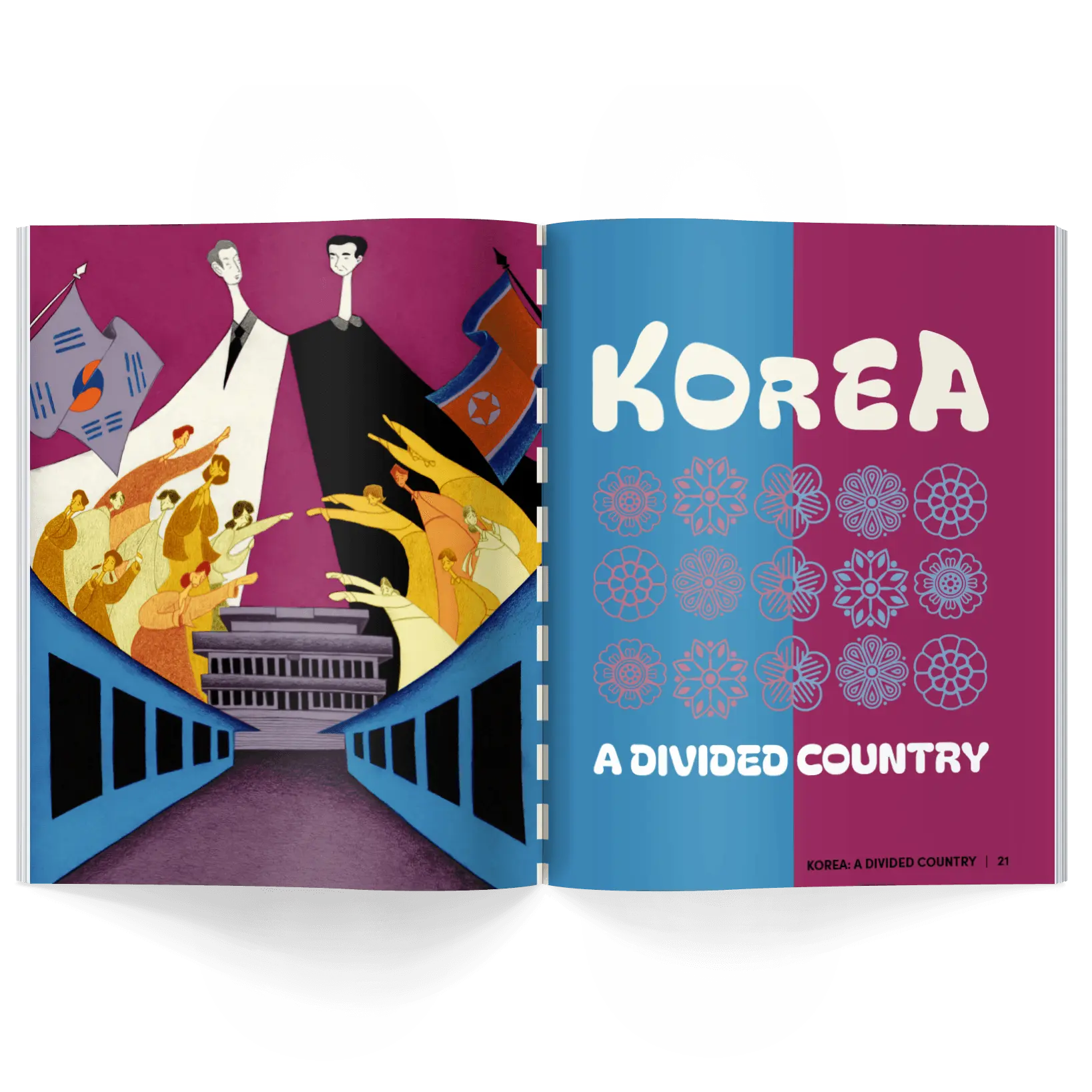 Interior pages of children’s history magazine showing divided Korea with wall, flags, and people reaching across representing the Korean peninsula