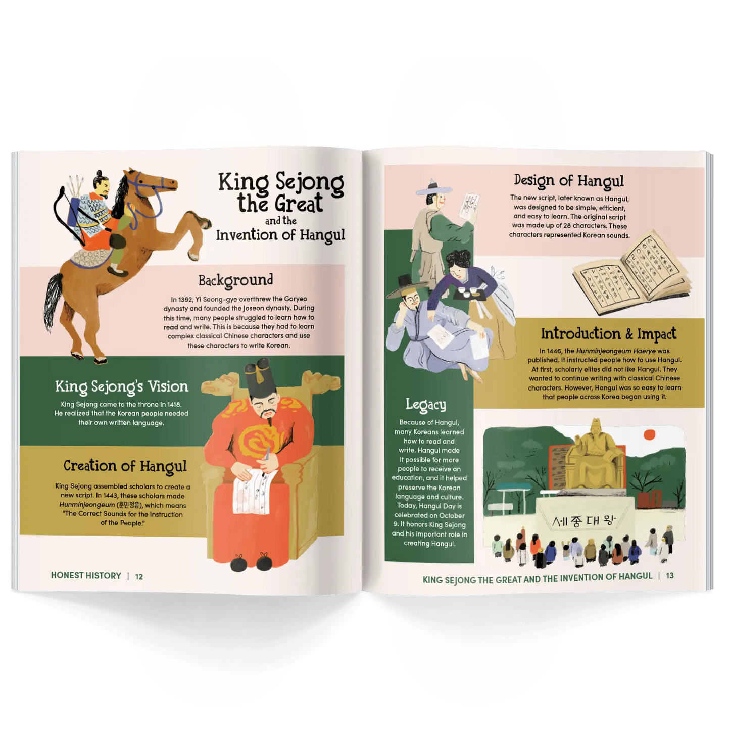 Children’s history magazine pages about King Sejong and the invention of Hangul with illustrated timeline and historical information