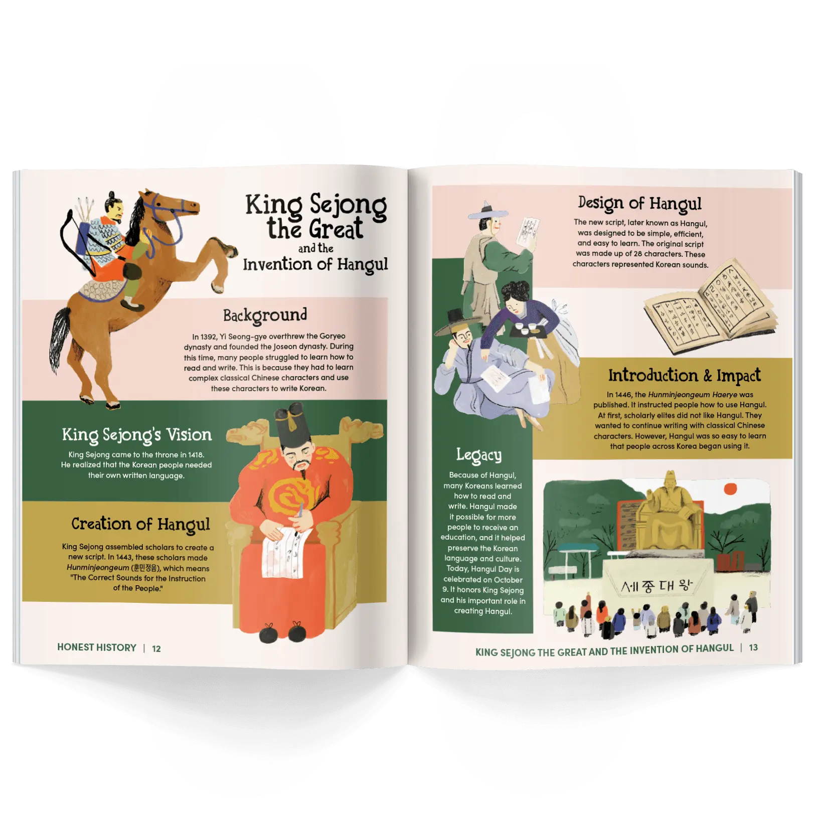 Children’s history magazine pages about King Sejong and the invention of Hangul with illustrated timeline and historical information