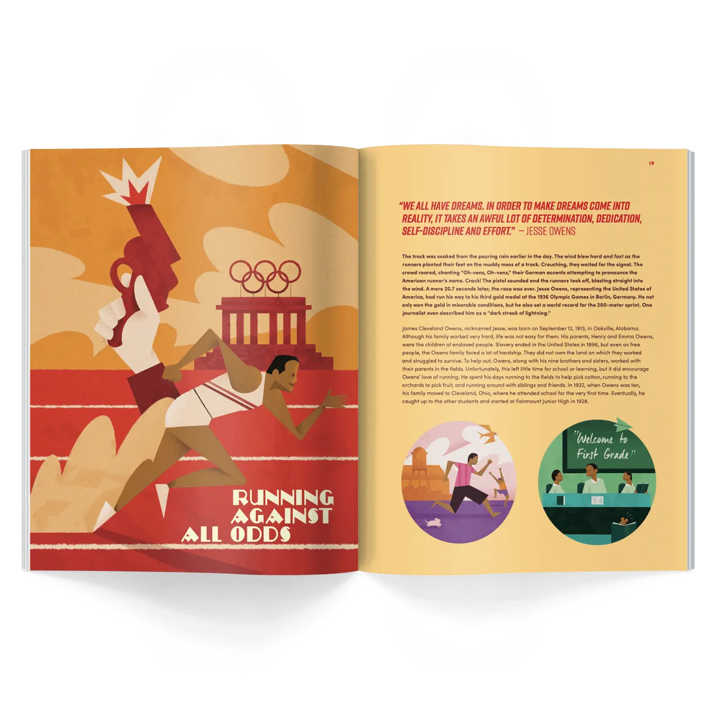 Interior pages of children’s history magazine showing track runner, Olympic symbols, and story about Jesse Owens