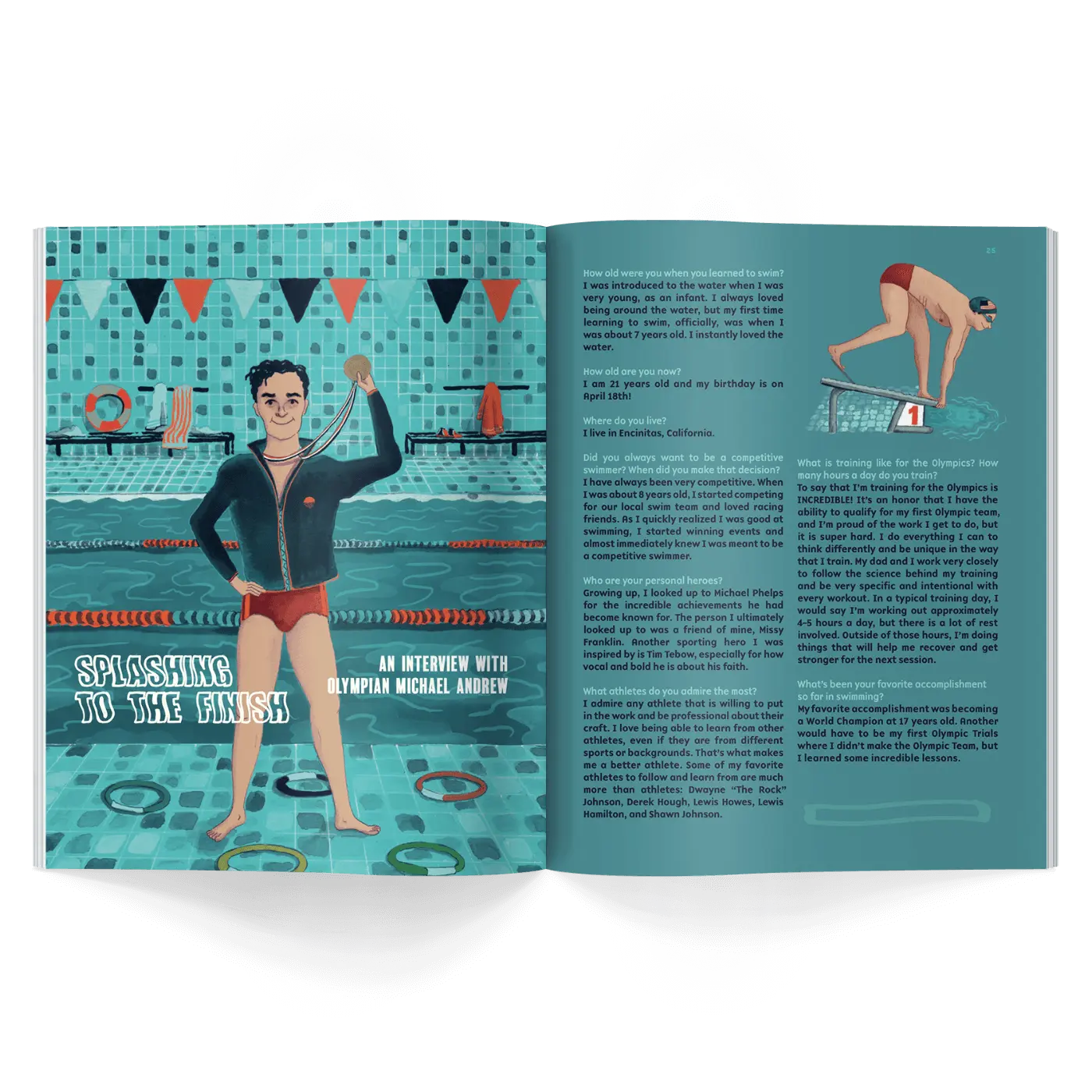 Children’s history magazine pages showing swimmer with medal and interview about Olympic competition and training